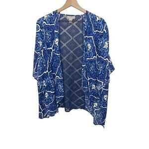 WORLD MARKET Women's Kimono Top ONE SIZE Blue White Mosaic Rayon Lace
